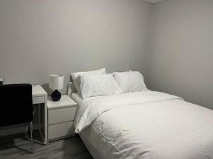 a bedroom with a bed and a desk with a lamp at Cozy Modern and Lavish 2 Bedroom Basement Suite in Winnipeg