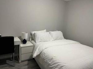1 dormitorio con 1 cama y escritorio con lámpara en Cozy Modern and Lavish 2 Bedroom Basement Suite, en Winnipeg
