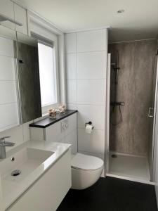 a white bathroom with a toilet and a shower at Vakantiepark Schouwenduin in Burgh Haamstede
