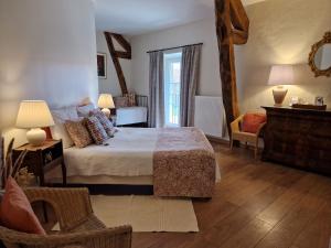 Un dormitorio con una cama, una silla y un espejo. en Ferme d'Orsonville, en Villiers-en-Bière