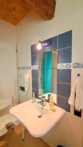 a bathroom with a white sink and a mirror at Gîte Laguës in Poueyferré