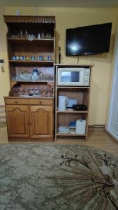 a cabinet with a microwave and a tv in a room at Gabriella vendégház in Lăzarea