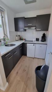 cocina con armarios blancos y negros y suelo de madera en Recreatiewoning Maas en Waal 191, en Ewijk