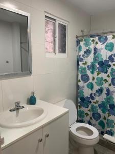 y baño con lavabo, aseo y cortina de ducha. en Rooi Santo Residence, en Palm-Eagle Beach