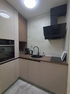 a small kitchen with a sink and a stove at Apartament Tzar Kaloyan in Burgas