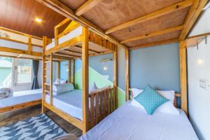Zostel Plus Nainital (Naina Range) في ناينيتال: غرفة نوم بسريرين بطابقين في غرفة