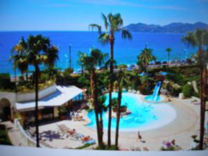 a view of a pool with palm trees and the ocean at VILLA MAUPASSANT T2 BORD DE MER in Cannes