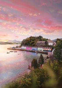 a view of a town on a body of water at The Lodge in the Loch in Portree