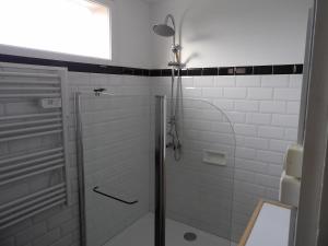 a shower with a glass door in a bathroom at Gîte ferme équestre avec piscine in Castex +48 photos