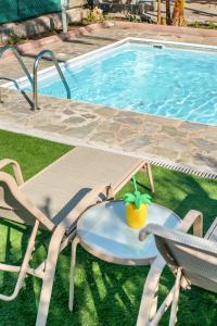 einen Pool mit einem Stuhl und einem Tisch und einer Ananas darauf in der Unterkunft Villa Poseidon Gardens by Ezoria Villas in Larnaka