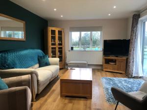 a living room with a couch and a flat screen tv at Littleton Farm Barns in Saham Toney