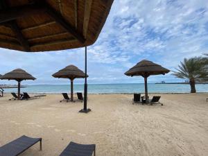 a beach with chairs and umbrellas and the ocean at Turquoise Resorts in Ar Ruways
