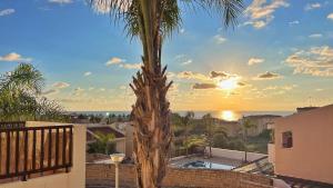 eine Palme auf dem Balkon eines Hauses mit Sonnenuntergang in der Unterkunft Melanos Sea View Apartment in Paphos City
