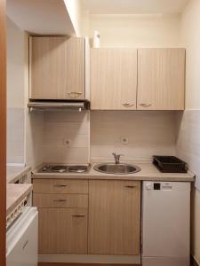 a kitchen with wooden cabinets and a sink at Apartman Cvejic - Suncani apartmani in Brzeće