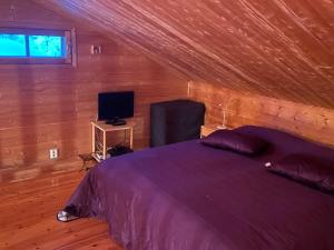 - une chambre avec un lit violet et une télévision dans l'établissement Panoraama 1, à Saariselka