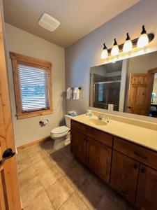 a bathroom with a sink and a toilet and a mirror at Ruttger's Bay Lake Resort in Deerwood