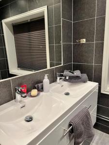 a bathroom with a white sink and a mirror at Oslo City Apartment in Oslo