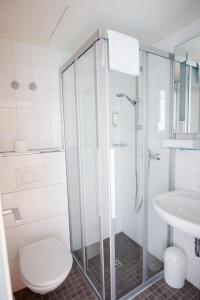 W łazience znajduje się prysznic, toaleta i umywalka. w obiekcie Senator Hotel w Frankfurcie nad Menem