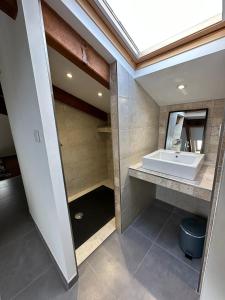 La salle de bains est pourvue d'un lavabo et d'un miroir. dans l'établissement Villa Colombo, à Bonifacio