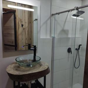 y baño con lavabo de cristal y ducha. en Zen Oasis del Bosque, ¡A place to reconnect!, en Calima