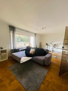 uma sala de estar com um sofá e uma grande janela em Zentral gelegenes Apartment - DSL, Küche, Balkon, Parkplatz em Lüdenscheid