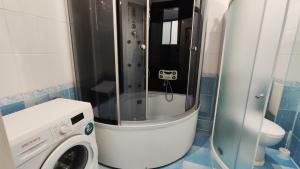 a bathroom with a washing machine and a toilet at Запорізька 19 City Rooms in Bila Tserkva