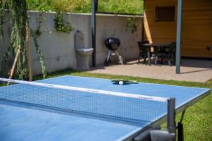 una mesa de ping pong con una pelota de tenis. en Private green getaway, en Bled