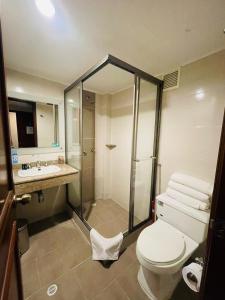 a bathroom with a shower and a toilet and a sink at Hotel La Sabana in Bogotá