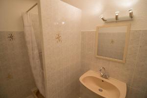 ein Bad mit einem Waschbecken und einer Dusche mit einem Spiegel in der Unterkunft L'embarcadère in Mimizan-Plage