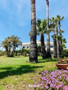 un parco con palme e fiori di fronte a un edificio di Il mare di Ciccio ad Avola
