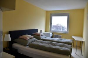 a bedroom with two beds and a window at Downtown Klagenfurt Oasis in Klagenfurt