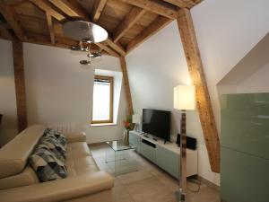 ein Wohnzimmer mit Sofa und Fernseher in der Unterkunft Charmant Duplex T3 au Mont-Dore, à 300m des Thermes, avec Parking et WiFi ! - FR-1-608-151 in Le Mont-Dore