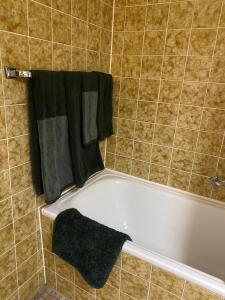 a bathroom with a bath tub with green towels at Ferienwohnung Schwarzwaldgrund in Baiersbronn +14 photos