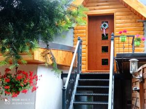 a staircase leading to a cabin with a wooden door at Apartamenty Sowianka in Ludwikowice Kłodzkie