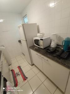 a kitchen with a refrigerator and a microwave on a counter at Village Hospedagens in Natal