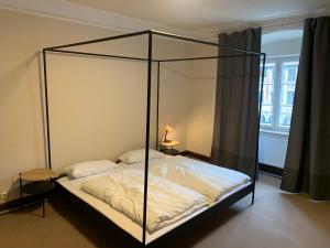 a bed with a glass canopy in a bedroom at Marktplatz Memmingen in Memmingen