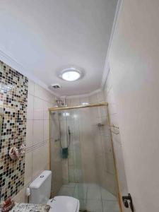 坎普斯杜若爾當的住宿－Flat com lareira em Campos do Jordão，带淋浴和卫生间的浴室
