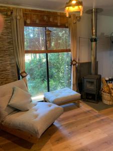 een woonkamer met een bank en een open haard bij cabaña del bosque in Villarrica