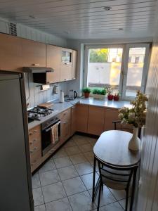a kitchen with a table and a stove top oven at Przytulny apartament blisko centrum in Katowice