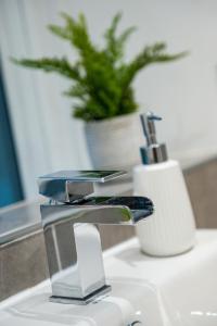 a bathroom sink with a faucet and a plant at Central Stamford Retreat - Stylish 2-Bed Apartment & Parking in Stamford +16 photos