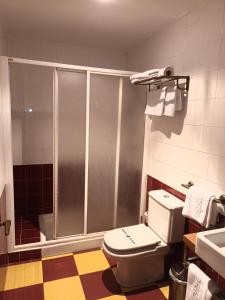 a bathroom with a shower with a toilet and a sink at Hotel Las Yucas in Atarfe