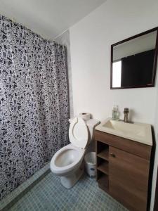 y baño con aseo, lavabo y espejo. en Linda Habitación Privada Polanco 2 camas Mat y baño, en Ciudad de México