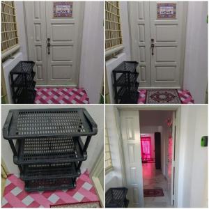 four pictures of a door with a pink and white floor at PD Laguna Homestay Red in Port Dickson