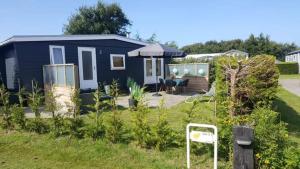 a blue tiny house in a yard at Chalet Joy aan Zee in Hollum