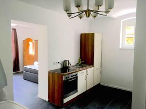 a small kitchen with a sink and a refrigerator at Ferienwohnung mit Sauna am Buckowsee in Buckow