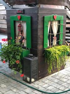 een houten muur met twee ramen en een brandkraan bij Apartment Monte Rosa in Delnice