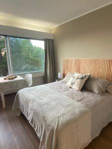 1 dormitorio con 1 cama grande y ventana grande en Patagonia Center en San Carlos de Bariloche