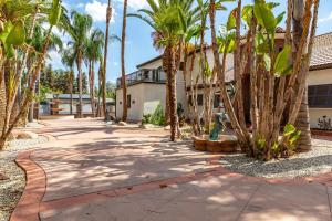 洛杉磯的住宿－California Oasis，棕榈树的走道,在建筑前