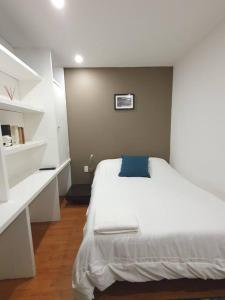 a bedroom with a white bed with a blue pillow at Habitación privada con TV Polanco Hab 4 in Mexico City