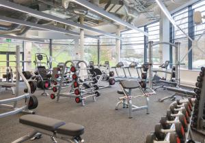 a gym with a lot of treadmills and weights at Devon Bliss Pool View Lodge at Finlake Resort in Chudleigh
